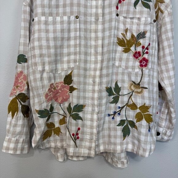 Johnny Was Workshop Adele Gingham Women's Overshirt Linen Embroidered Size Small - Picture 3 of 15
